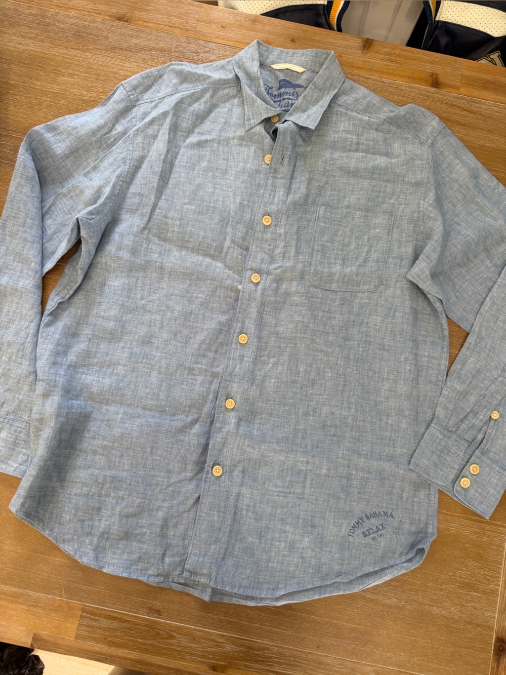 Tommy Bahama Men's L Blue Linen Long Sleeve Resort Camp Shirt Marlin Logo